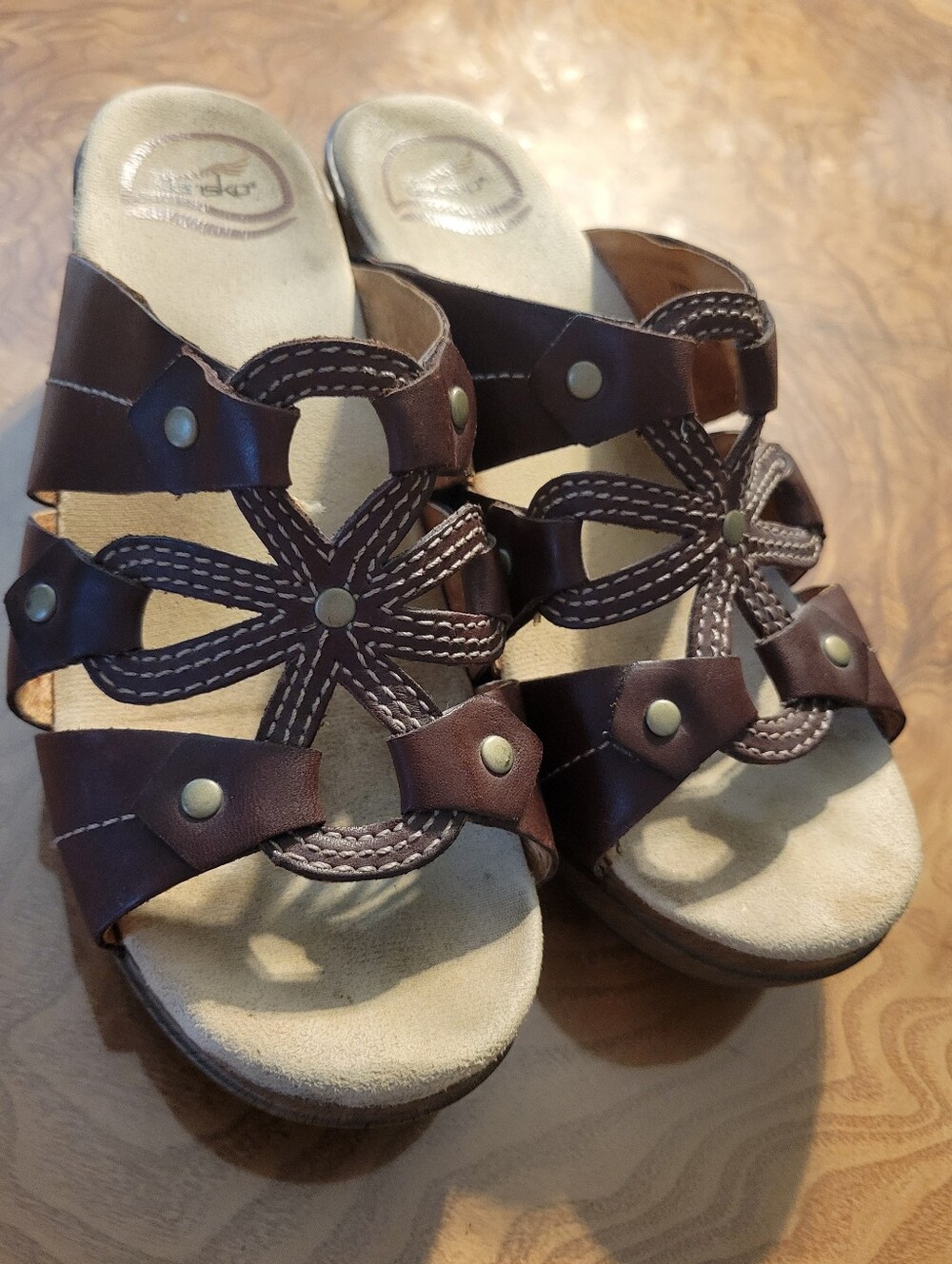 Dansko Serena Brown Leather Floral Wedge Slide Sandals Size 38